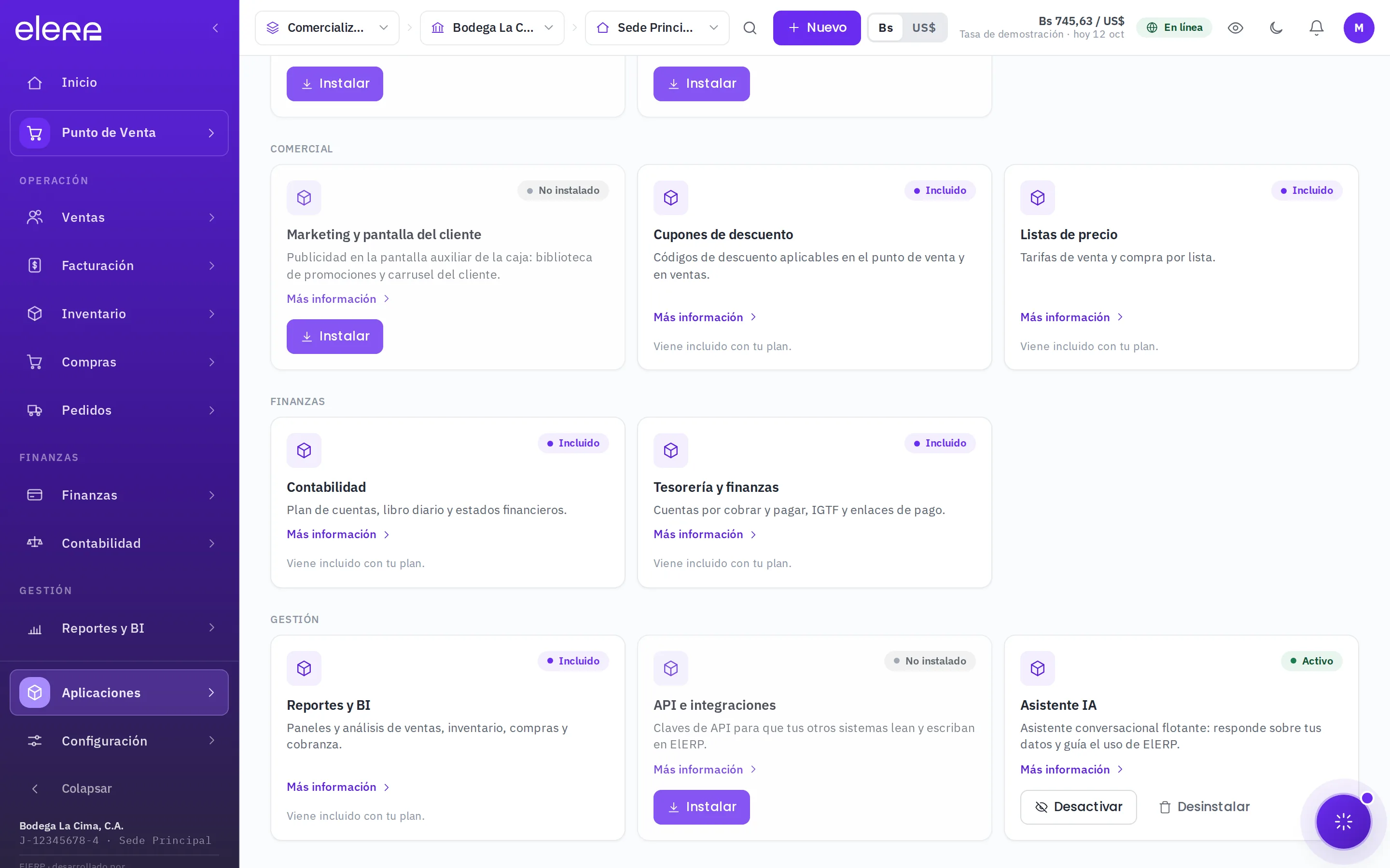 Aplicaciones: la tarjeta API e integraciones, sin instalar, con el botón Instalar
