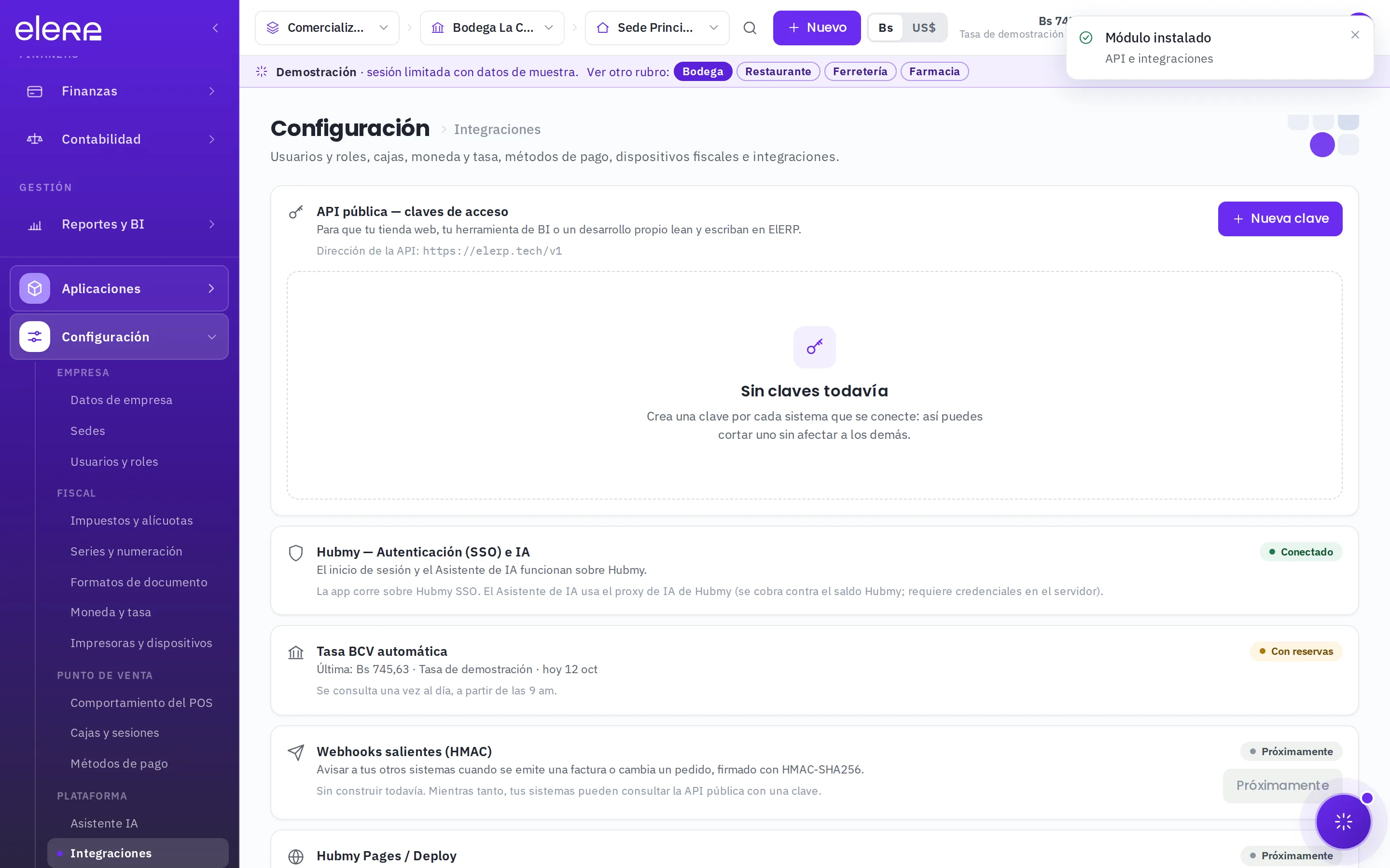 Configuración, Integraciones: bloque API pública sin claves todavía y botón Nueva clave