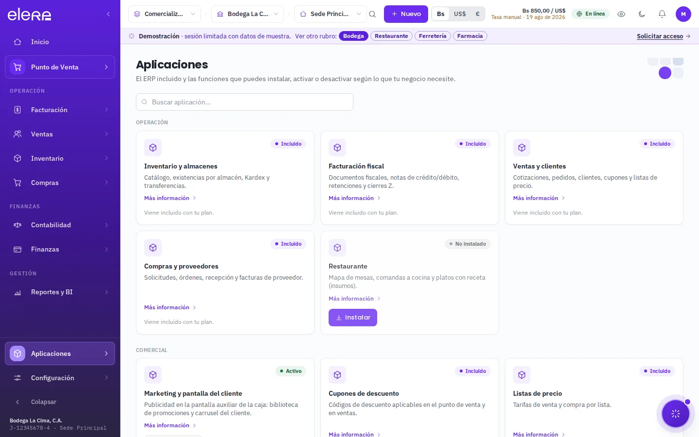 Pantalla de Aplicaciones con el catálogo de módulos