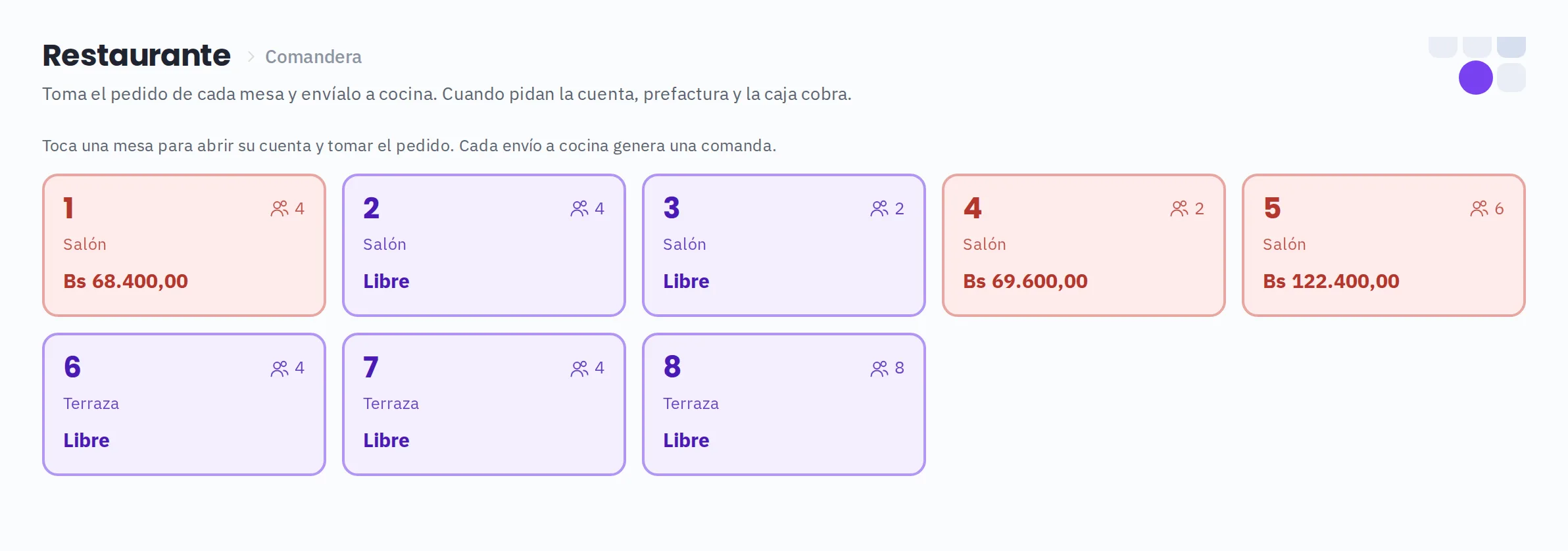La comandera con el tablero de mesas: color por estado y total en vivo de cada una. Las mesas de otro mesonero se ven atenuadas.