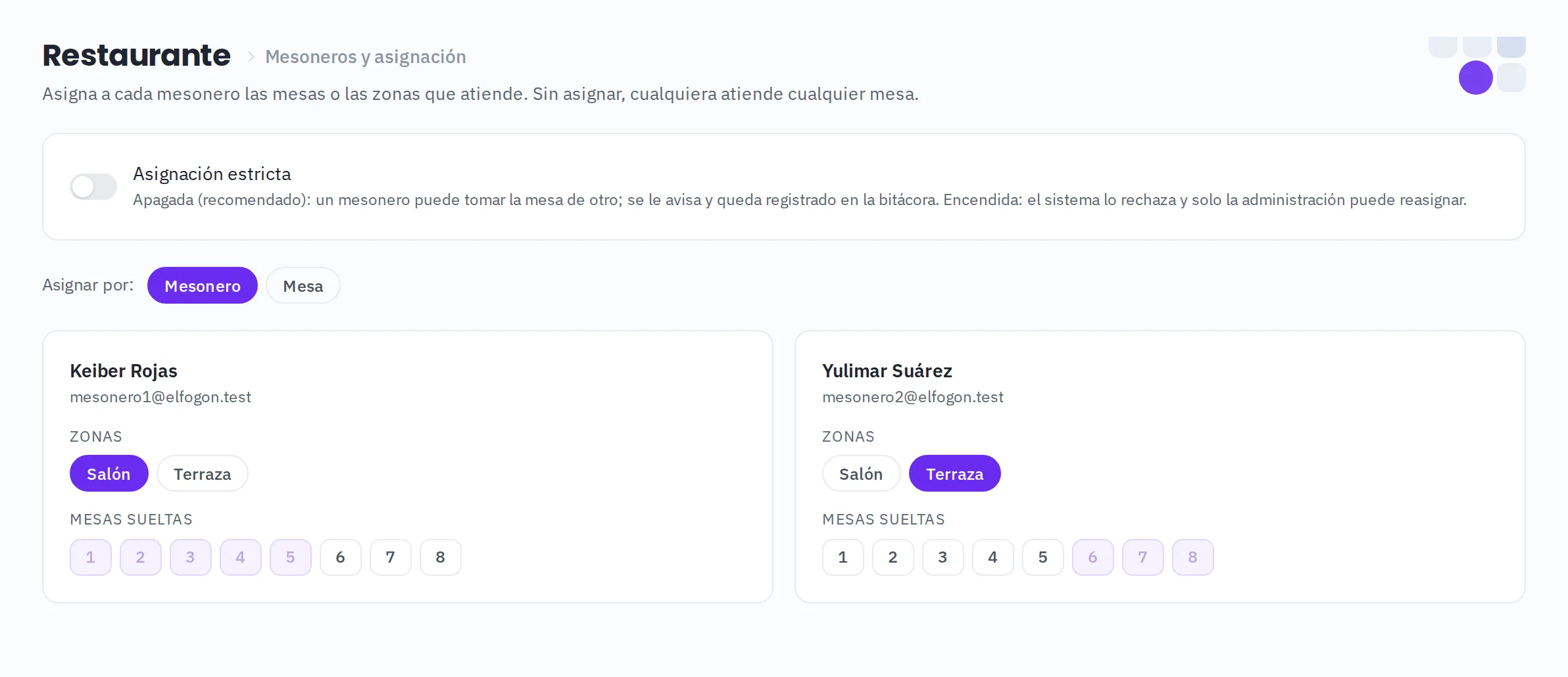 Mesoneros y asignación, en la vista por mesa: quién atiende cada una, y arriba el interruptor de asignación estricta.