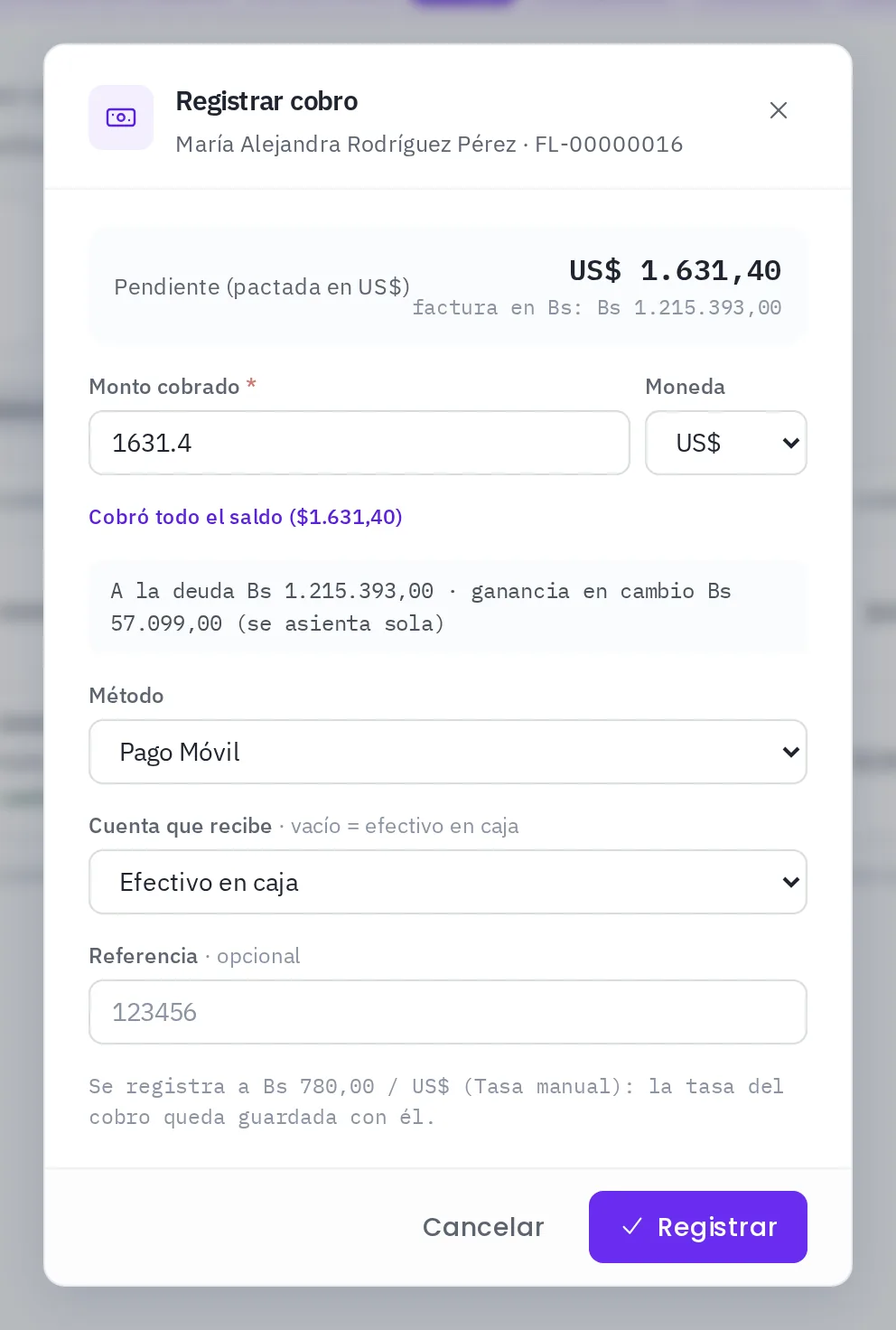 Registrar cobro de una factura pactada: pendiente en US$ y la ganancia en cambio que se asienta sola