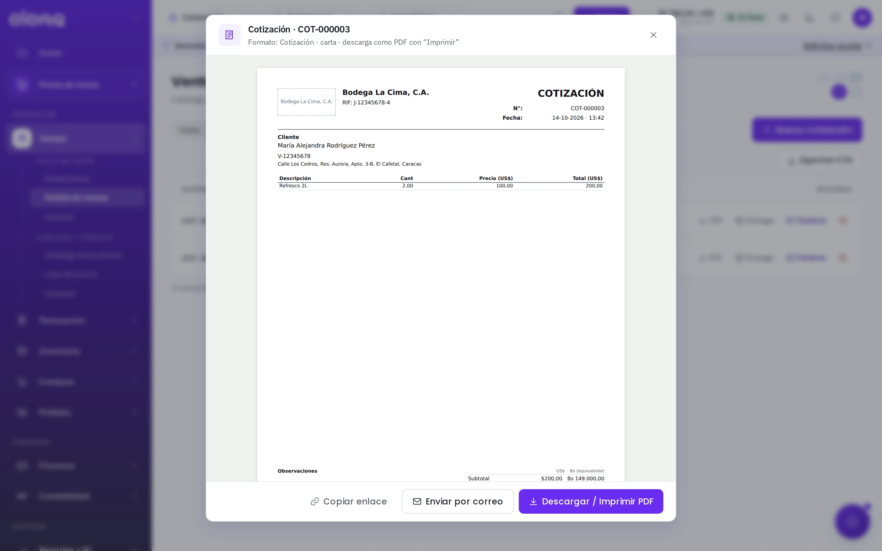 PDF de cotización con un formato configurado: columnas en dólares y en bolívares y la tasa BCV