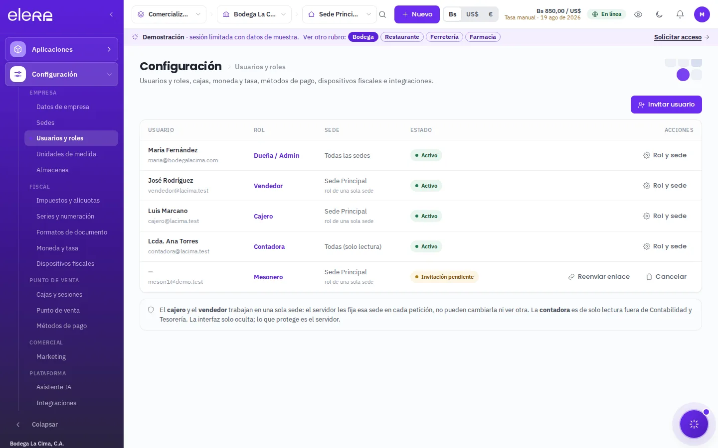 Configuración → Usuarios y roles: el equipo de la empresa con su rol y su sede, y el botón para invitar a alguien nuevo.